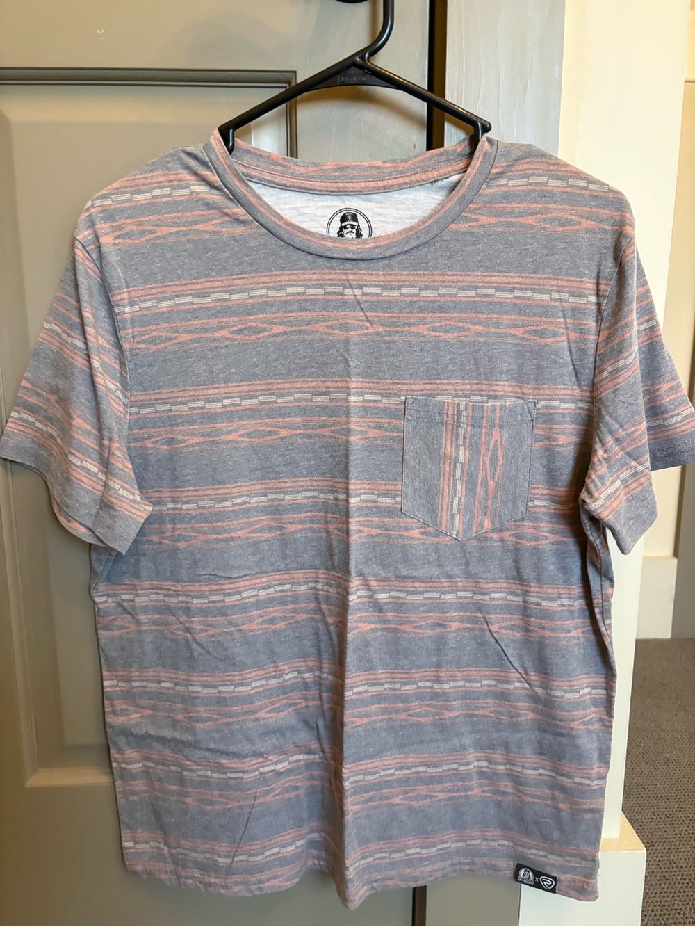 Striped Crew Neck Pocket Tee in Gray and Pink